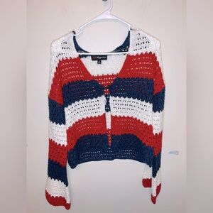 33 Degrees Womens Americana Crochet Cardigan Red, White, and Blue Striped Size M